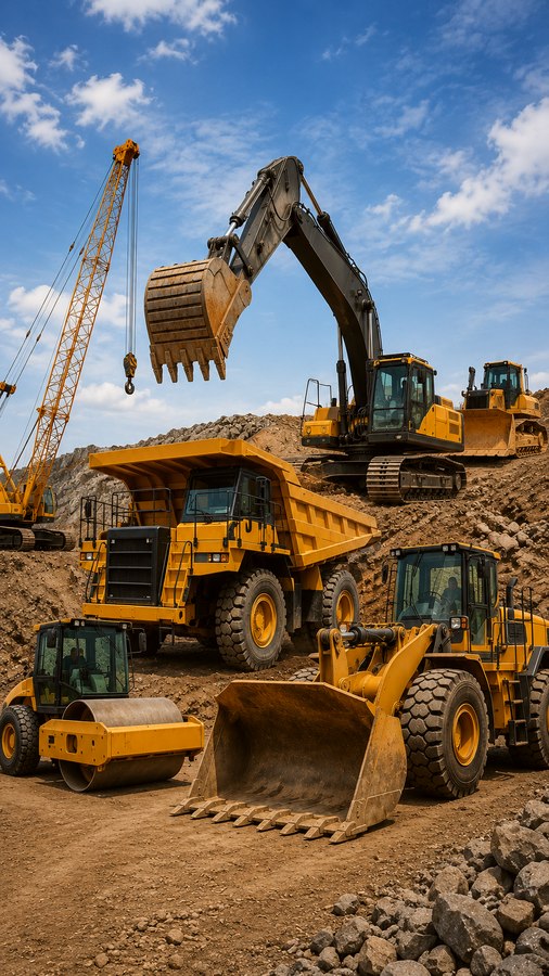 Construction site with excavator and dump truck
