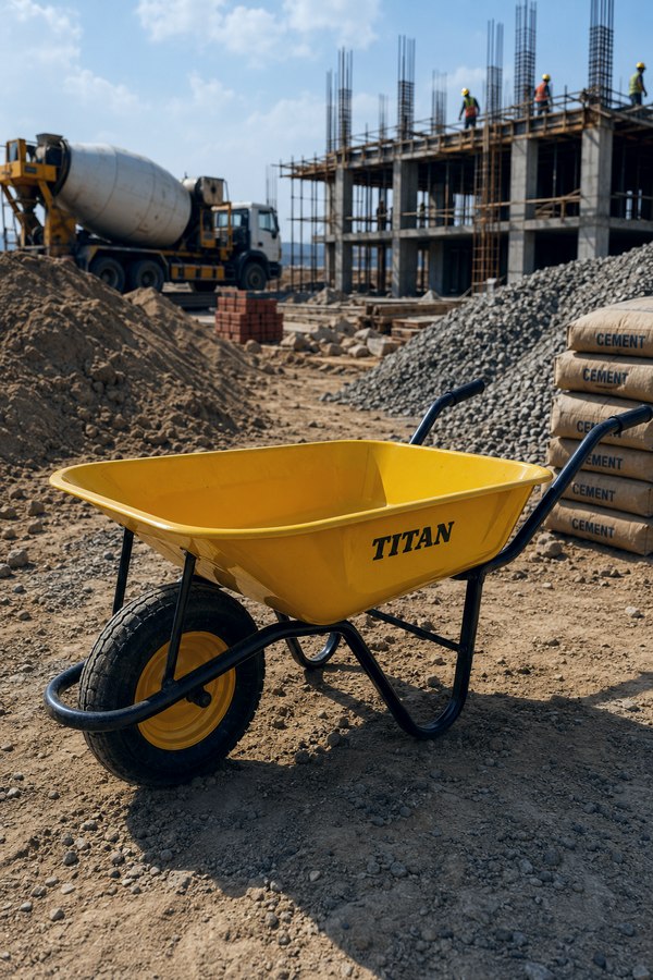 Wheelbarrow and materials on a building site
